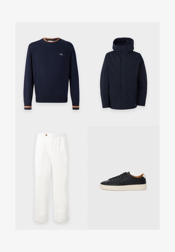 Samsøe Samsøe JOHN JACKET - Vodoodporna jakna - salute; Mornarsko moder pulover z okroglim ovratnikom, rebrastimi manšetami z zelenimi, oranžnimi in belimi črtami ter majhnim vezenim logotipom na prsih.; Beli bombažne hlače ravnega kroja, ki imajo dva sprednja pliska, en gumbni zapnalo in stranske žepke. Gladka tekstura.; Črne usnjene superge z gladko teksturo, bež gumijastim podplatom, zavezovalnim dizajnom in kontrastnim nagibom na peti.