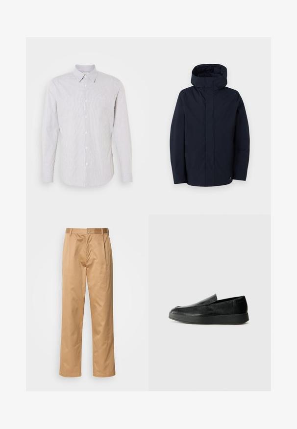 Samsøe Samsøe JOHN JACKET - Vízálló dzseki - salute; Hosszú ujjú, galléros ing fehér alapszínben, keskeny kék csíkokkal, gombos elülső résszel és kis logóval a mellrészen.; Khaki nadrág, pamut keverék, egyenes szabású, elülső redők, övtartók és gombos zárás. Simább textúra minták nélkül.; Calvin Klein HYBRID CUP - Belebújós cipők - triple black