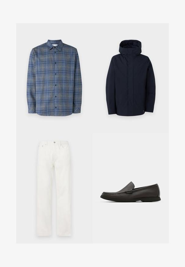 Samsøe Samsøe JOHN JACKET - Regenjas - salute; Blauw en grijs geruite overhemd met een button-down kraag, lange mouwen, sluiting met knopen aan de voorkant en een rechte onderrand. Lichtgewicht stof.; Witte denim jeans met een rechte pijp, knoop- en ritsluiting, vijf-pocket ontwerp en geen zichtbare patronen of accenten.; Donkerbruine leren instappers met een ronde neus, subtiele stikdetails en een lage rubberen zool. Gladde textuur met een flexibele pasvorm.