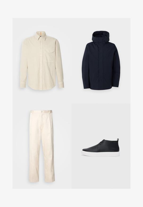 Samsøe Samsøe JOHN JACKET - Veekindel jope - salute; Beesiv värvi pika varrukaga särk pehmest, tekstureeritud kangast. Omab nööpidega krae, eesmine nööppluus ja vasakul rinna piirkonnas tasku.; Beesidised puuvillased püksid sirge jala lõikega, mis on varustatud nööpkinnituse ja ees olevate voltidega, et lisada detaili.; Mustmust mustatooted, millel on sile nahk, valge kummist tald ja lihtne nööridega kinnitamine. Tagaküljel on tõmbeosadega.