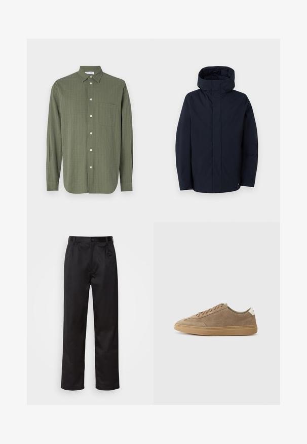 Samsøe Samsøe JOHN granatowy; Koszula z długimi rękawami w oliwkowej zieleni, teksturowany materiał, zapięcie na guziki z przodu, pojedyncza kieszeń na piersi oraz klasyczny kołnierz.; Czarne spodnie wykonane z gładkiego materiału, z zapięciem na guzik z przodu, plisami i prostymi nogawkami. Brak widocznych wzorów lub akcentów.; Zamszowe sneakersy w jasnobrązowym kolorze z gumową podeszwą. Posiadają sznurówki i minimalistyczny styl, akcentowany białą pętelką na pięcie.