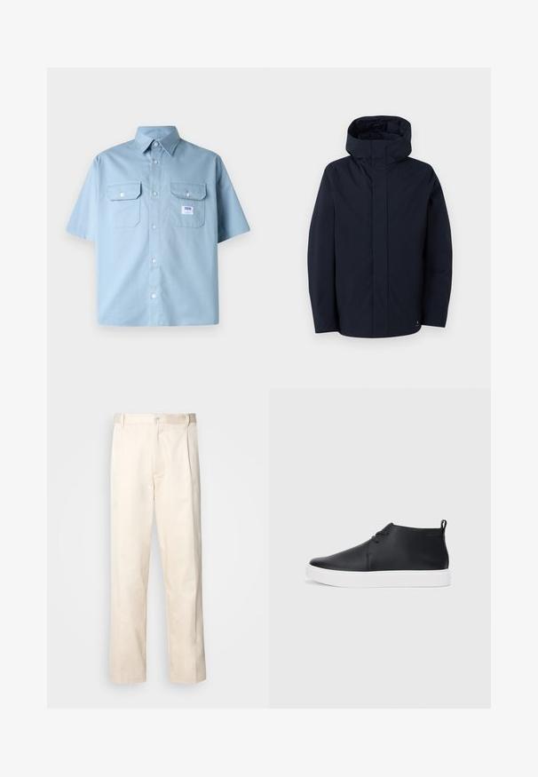 Samsøe Samsøe JOHN JACKET - Regnjakke - salute; Lyseblå kortermet skjorte laget av bomull, med spiss krage, to brystlommer og en liten logo-patch nær venstre lomme.; Beige bomullsbukser med rett benfatt, med knappelukking og folder foran for ekstra detaljer.; Svart skinnhøye sneakers med glatt finish, hvit gummisole og enkelt snøringdesign. Har en løftestropp bak.