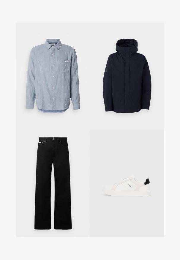 Samsøe Samsøe JOHN JACKET - Vodotesná bunda - salute; Svetlomodrá prúžkovaná košeľa na gombíky, bavlnená látka, dlhé rukávy, špicatý golier, jedna náprsné vrecko a detail loga.; Čierne džínsy s širokými nohavicami, obsahujúce päť vreciek a kovové zapínanie. Hladká textúra, bez viditeľných vzorov.; Biele tenisky s jemne ružovými a čiernymi akcentmi, s hladkou kožou a semišovými panelmi, okrúhlou špičkou a plochou gumovou podrážkou.