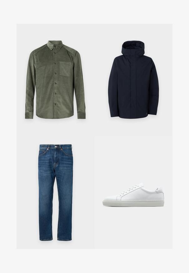 Samsøe Samsøe JOHN JACKET - Regnjakke - salute; Herre grønn kordfløyel skjorte med lange ermer og knappestolpe, brystlomme og knapp-ner-kraer, vist på hvit bakgrunn.; Blå denimjeans med rett benkutt, middels høyt liv og oransje sømdetaljer. Har klassisk fem-lomme-design og knappelukking.; Hvit sneakers med en glatt skinnoverdel og lav profil. Har en rund tå, seks snøring hull, og en teksturert gummisåle.
