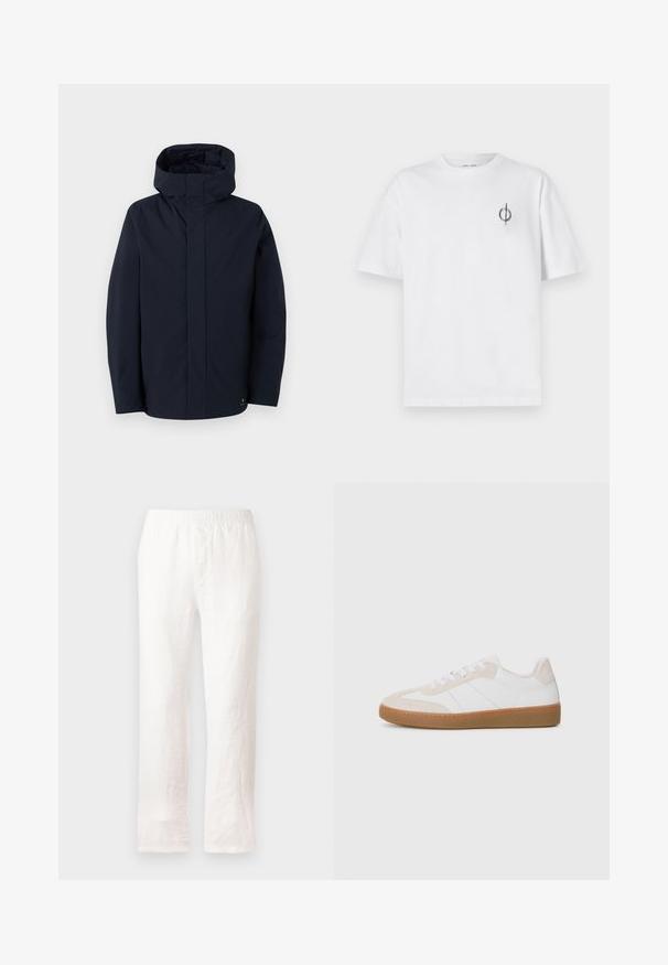 Samsøe Samsøe JOHN JACKET - Regenjacke / wasserabweisende Jacke - salute; Weißes Baumwoll-T-Shirt mit lockerer Passform, das ein kleines schwarzes Grafiklogo auf der linken Brustseite aufweist. Kurze Ärmel, Rundhalsausschnitt.; Weiße Leinenhose mit elastischem Bund, geradem Bein und leicht strukturiertem Stoff. Keine Muster oder zusätzlichen Details.; Weiße und beige Sneaker mit Wildleder- und Lederelementen. Verfügt über eine Gummisohle, Schnürdesign und minimalistische Seitenstreifen.