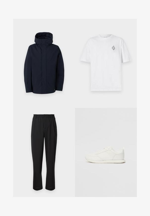 Samsøe Samsøe JOHN JACKET - Regnjakke - salute; Hvit bomull t-skjorte med avslappet passform, med en liten svart grafisk logo på venstre brystområde. Korte ermer, rund hals.; Svarte bukser med elastisk midje, knappelukking og rett ben-design. Glatt stoff, uten synlige mønstre eller detaljer.; Hvit sneaker med en mesh- og syntetisk overdel, rund tå, flate lisser og en teksturert sidestropp. Gummisåle med en pull-tab bak.
