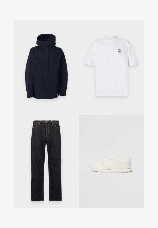 Samsøe Samsøe JOHN JACKET - Ūdensnecaurlaidīga jaka - salute; Bāla kokvilnas t-kreklu ar brīvu piegulšanu, kuram uz kreisā krūšu apvidus ir neliels melns grafiskais logotips. Īsas piedurknes, apaļas kakla izgriezums.; Melni džinsi ar taisnu piegriezumu, ar pogu aizdari, piecām kabatām un smalkiem izšuvumiem pa šuvēm.; Baltie sporta apavi ar mežģīņu un sintētisko augšdaļu, apaļu purngalu, plakanu mežģīņu un teksturētu sānu joslu. Gumijas zole ar cilpu aizmugurē.
