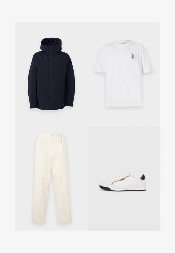 Samsøe Samsøe JOHN JACKET - Veekindel jope - salute; Valge puuvillane t-särk lõdva sobivusega, millel on vasakul rinnal väike must graafiline logo. Lühikesed varrukad, ümmargune kaelus.; Heledad beežist puuvillast chinos püksid sirge lõikega, millel on nupuga sulgemine ja kaks küljetaskut. Sile tekstuur, ilma nähtavate mustriteta.; Valged sportlikud jalatsid, millel on võrkkangas ja nahkdetailid. Omab kuldset "BOSS" logo, tekstureeritud külgpaneele ja musta kontsakaant. Kummist tallad.