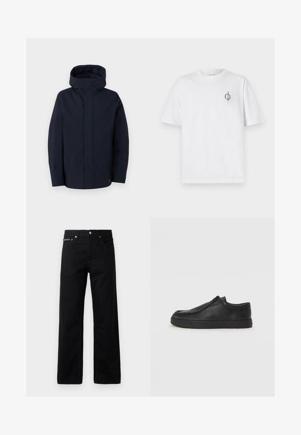 Samsøe Samsøe JOHN JACKET - Vandeniui atspari striukė - salute; Balta medvilninė marškinė su laisvu siluetu, su mažą juodą grafiką logotipą kairėje krūtinės pusėje. Trumpomis rankovėmis, apvaliu kaklu.; Juodos džinsinės kelnės su tiesia kojų konstrukcija, penkiais kišenėmis ir logotipu ant priekinės dalies, metalo detalėmis ir lygaus audinio paviršiumi.; Juodos odinės supjamintus batelius su apvaliu pirštu, siuvinėtu akcentu ir juodu guminiu padu. Lygus tekstūra su minimalistišku dizainu.