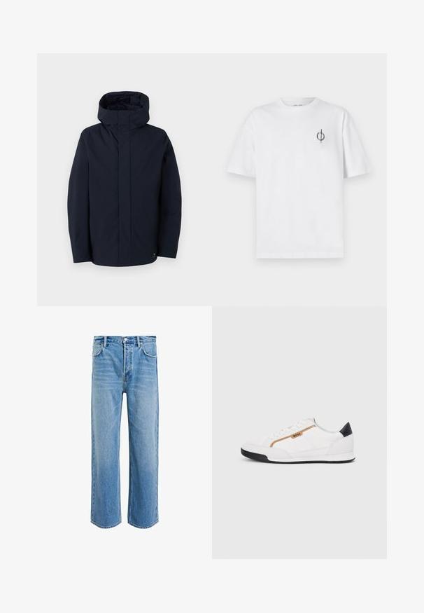 Samsøe Samsøe JOHN JACKET - Vodoodporna jakna - salute; Bela bombažna majica s sproščenim krojem, ki ima majhen črn grafični logotip na levem prsnem delu. Kratke rokave, okrogel izrez.; Svijetloplave traperice širokog kroja s izblijedjelim završetkom. Imaju pet džepova i kopčanje na dugme u struku.; Bele športne čevlje z mrežnimi in usnjenimi detajli. Opremljeni so z zlatim logotipom "BOSS", teksturiranimi stranskimi paneli in črnim kapcom na peti. Guma podplat.