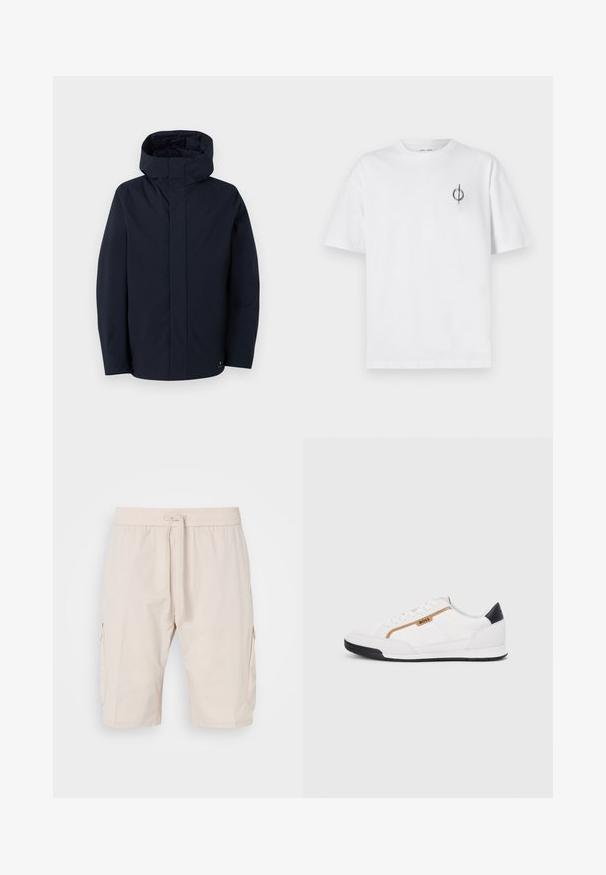 Samsøe Samsøe JOHN JACKET - Vodootporna jakna - salute; Bijela pamučna majica s opuštenim krojem, s malim crnim grafičkim logotipom na lijevoj prečki. Kratki rukavi, okrugli izrez.; Bež cargo šortsevi s elastičnim pojasom i vezicom, s dvije bočne džepove i glatkim, laganim materijalom.; Bijele atletske tenisice s mrežastim i kožnim detaljima. Imaju zlatni "BOSS" logo, teksturirane bočne panele i crnu kapicu na peti. Gumeni potplat.