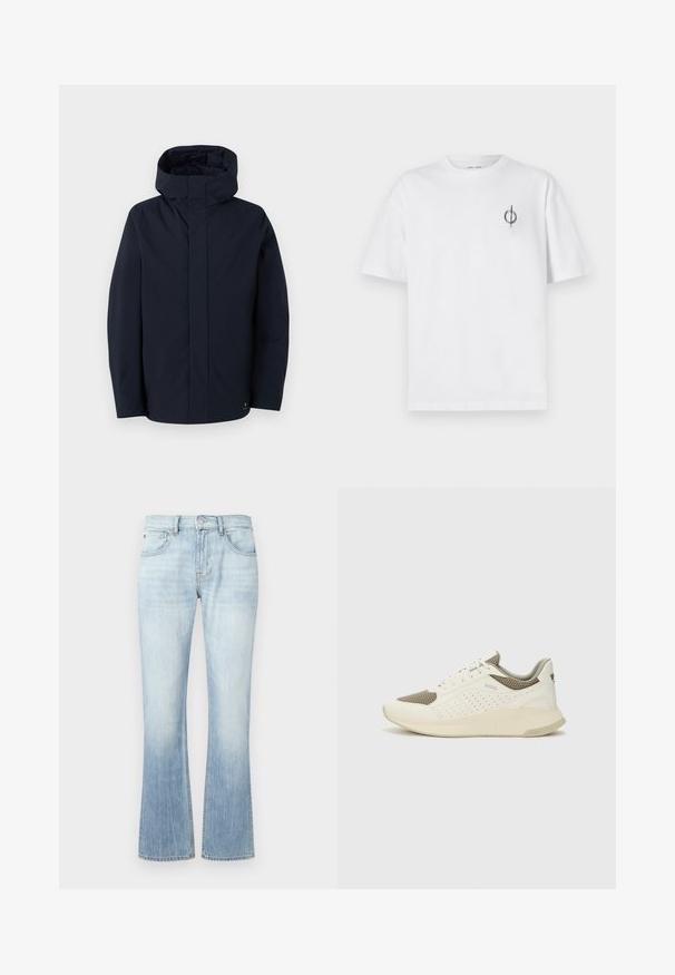 Samsøe Samsøe JOHN JACKET - Impermeable - salute; Camiseta de algodón blanca con un corte relajado, con un pequeño logotipo gráfico negro en el área del pecho izquierdo. Mangas cortas, estilo cuello redondo.; Jeans de mezclilla de tiro acampanado en azul claro con un lavado deslavado, diseño de cinco bolsillos y herrajes de latón en la cintura y el cierre.; Zapatilla deportiva en blanco y beige claro, con parte superior de malla, detalles perforados y una mediasuela texturizada con la marca en el talón.