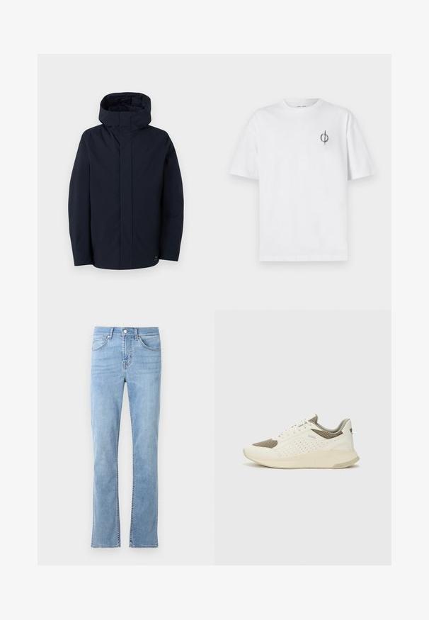 Samsøe Samsøe JOHN JACKET - Veekindel jope - salute; Valge puuvillane t-särk lõdva sobivusega, millel on vasakul rinnal väike must graafiline logo. Lühikesed varrukad, ümmargune kaelus.; Heledsinised sirged teksad, mis on valmistatud puuvillast denimist. Sisaldab viit taskut, esimest nööpi sulgemist ja peeneid õmblusdetailide. ; Valge ja heledat beeži värvi spordijalats, millel on õhuke võrkmaterjal, perforatsioonidega detailid ning tekstuuriga vahetald, millel on brändi logo kannaosas.