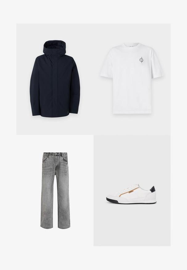 Samsøe Samsøe JOHN JACKET - Vodotesná bunda - salute; Biela bavlnená tričko s voľným strihom, s malým čiernym grafickým logom na ľavej strane hrudníka. Krátke rukávy, okrúhly výstrih.; Sivé denimové džínsy s rovnom strihom, vysokým pásom, piatimi vreckami a vyblednutou textúrou. Obsahujú gombíkový uzáver a pútka na opasok.; Biele športové topánky s akcentmi z korku a kože. Obsahujú zlaté logo "BOSS", textúrované bočné panely a čierny pätník. Gumová podrážka.