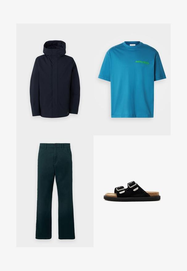 Samsøe Samsøe JOHN JACKET - Ūdensnecaurlaidīga jaka - salute; Tirkīza kokvilnas t-krekls, apaļš kakls, īsas piedurknes, ar zaļu "Calvin Klein" logo, kas iespiests priekšpusē. Gluda tekstūra.; Tumši zaļi taisni bikses ar jostu cilpiņām, sānu kabatām un pogu aizdari uz vienkārša balta fona.; AllSaints RANDAL - Iešļūcenes - black