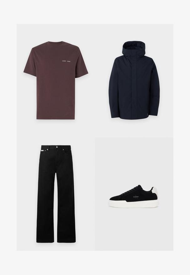 Samsøe Samsøe JOHN JACKET - Impermeable - salute; Camiseta de algodón burdeos con mangas cortas y cuello redondo, con el nombre de la marca "Samsoe Samsoe" impreso en blanco en el pecho.; Pantalones de mezclilla negros con un diseño de pierna ancha, que cuentan con cinco bolsillos y herrajes de botón metálico. Textura suave, sin patrones visibles.; Zapatilla negra de corte bajo con suela blanca y tab de talón, parte delantera con cordones y logo de Calvin Klein en el lateral.