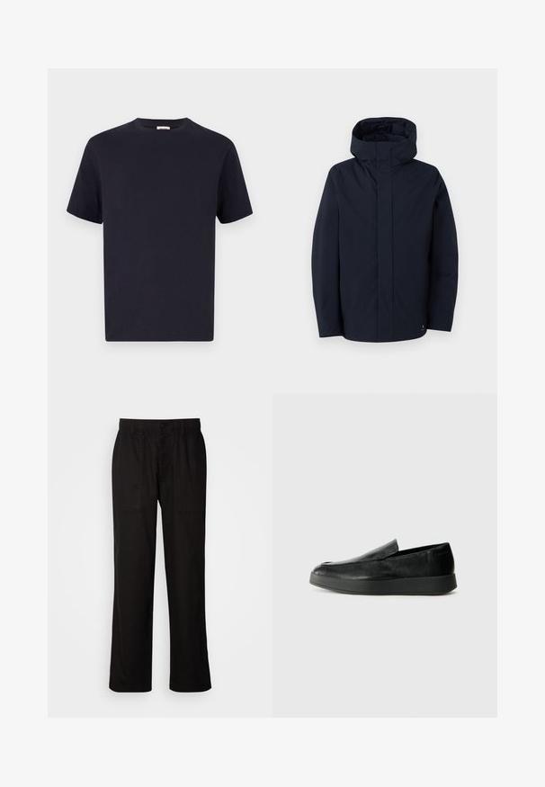 Samsøe Samsøe JOHN JACKET - Sadetakki - salute; T-paita tummansinisestä puuvillasta, jossa on pyöreä pääntie, lyhyet hihat ja rento istuvuus; sileä kangas; ei näkyviä kuvioita tai varusteita.; Mustat housut rentoa istuvuutta, valmistettu kevyestä kankaasta. Varustettu elastisella vyötärönauhalla, nappikiinnityksellä ja kahdella etutaskulla.; Calvin Klein HYBRID CUP - Loaferit/pistokkaat - triple black