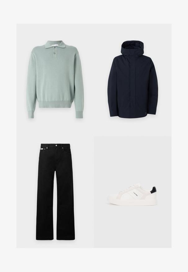 Samsøe Samsøe JOHN JACKET - Casaco impermeável - salute; Pulôver malhado verde-claro com colarinho polo, dois botões, punhos e bainha canelados. Textura suave e corte descontraído.; Calças de ganga pretas com um design de pernas largas, apresentando cinco bolsos e fechos metálicos. Textura suave, sem padrões visíveis.; Sapatilhas brancas com detalhes em rosa claro e preto, apresentando painéis de couro liso e camurça, biqueira redonda e sola de borracha plana.