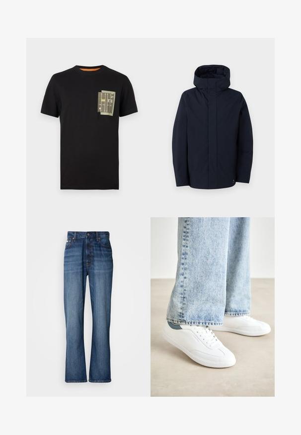 Samsøe Samsøe JOHN JACKET - Ūdensnecaurlaidīga jaka - salute; Melns kokvilnas T-krekls ar apaļu kakla izgriezumu un īsām piedurknēm. Tam ir zaļš kabatas dizains ar drukātu tekstu un rakstiem.; Zilas džinsu bikses ar augstu jostasvietu, izplestām kājām, piecu kabatu dizainu un tonālu šuvumu. Iespējas ietver pogu aizdari un kniedētas kabatas.; Baltas kedas ar gludu materiālu, auklām, teksturētu gumijas zoli un tirkīza akcentu uz papēža, apvienoti ar gaiši ziliem džinsiem.