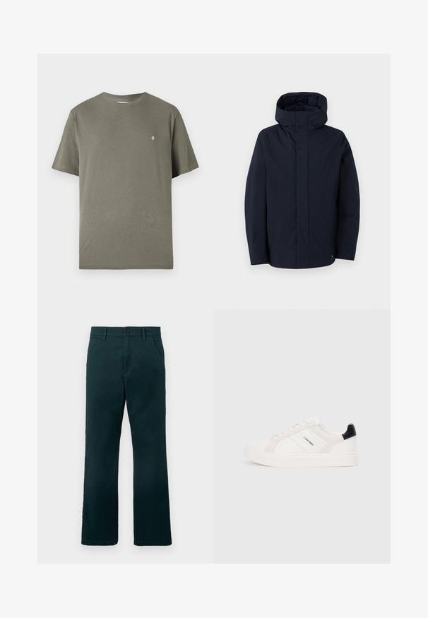 Samsøe Samsøe JOHN JACKET - Casaco impermeável - salute; T-shirt de algodão verde-oliva com decote redondo, mangas curtas e um pequeno logótipo branco no peito. Design simples e sem adornos.; Calças retas de cor verde-escuro com passantes para cinto, bolsos laterais e fecho de botão sobre um fundo branco liso.; Sapatilhas brancas com detalhes em rosa claro e preto, apresentando painéis de couro liso e camurça, biqueira redonda e sola de borracha plana.