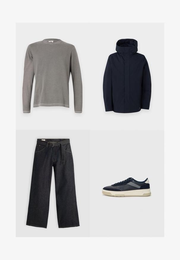 Samsøe Samsøe JOHN JACKET - Casaco impermeável - salute; Camisola de manga longa cinza com decote redondo, feita de algodão suave, com costura simples ao longo da bainha e dos punhos.; Calças largas de denim escuro com cintura cingida, apresentando bolsos frontais e costuras contrastantes. Textura suave com um design limpo.; BOSS BALTIMORE - Sapatilhas - open blue