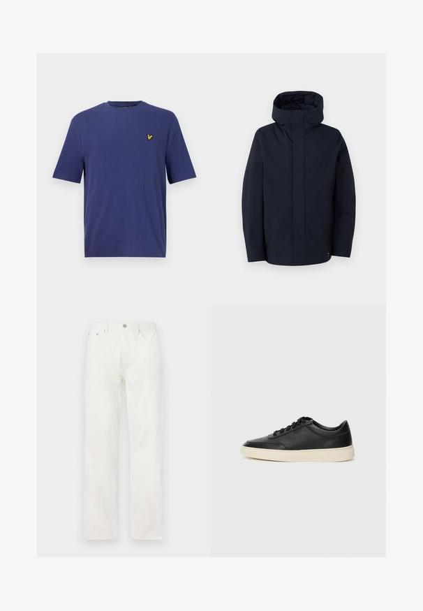 Samsøe Samsøe JOHN JACKET - Vízálló dzseki - salute; Sötétkék, rövid ujjú póló, texturált anyagból készült, apró sárga hímzett logóval a bal mellrészen.; Fehér farmernadrág egyenes lábbal, gombos és cipzáras záródással, öt zsebes kialakítással, és látható minták vagy díszítések nélkül.; Fekete, alacsony szárú bőrsneaker fekete fűzőkkel és törtfehér talppal, oldalnézetben, fehér háttér előtt.