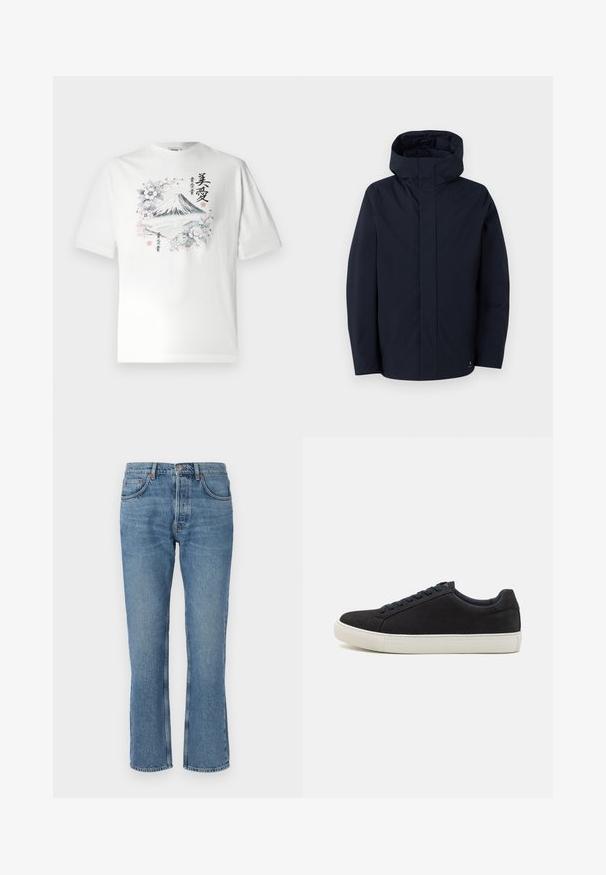 Samsøe Samsøe JOHN JACKET - Regnjakke - salute; Hvit bomull T-skjorte med korte ermer som har et grafisk motiv av Mount Fuji omgitt av blomster og japansk tekst i et flerfarget design.; Lys blå denimjeans med rette ben, fem-lomme-design og kontraststing. Stoffer har en myk tekstur og lett falming.; Sorte semskede sneakers med rundt tå, hvit gummisåle, kontrasterende blå snører og en glatt tekstur. Minimalistisk design uten synlig logo.