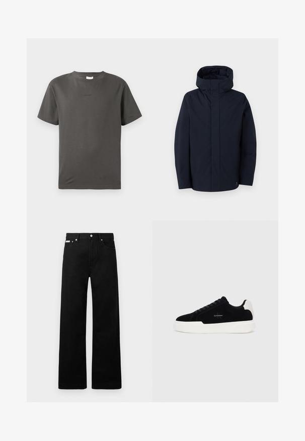 Samsøe Samsøe JOHN JACKET - Regenjacke / wasserabweisende Jacke - salute; Graues Baumwoll-T-Shirt mit Rundhalsausschnitt und kurzen Ärmeln. Besitzt ein kleines, unauffälliges Logo auf der Vorderseite. Glatte Textur und klassischer Schnitt.; Schwarze Denim-Hose im weiten Bein-Design mit fünf Taschen und metallenen Knopfdetails. Glatte Textur, ohne sichtbare Muster.; Schwarze Low-Top-Sneaker mit weißer Sohle und Fersenkappe, Schnürung vorne und Calvin Klein-Logo an der Seite.