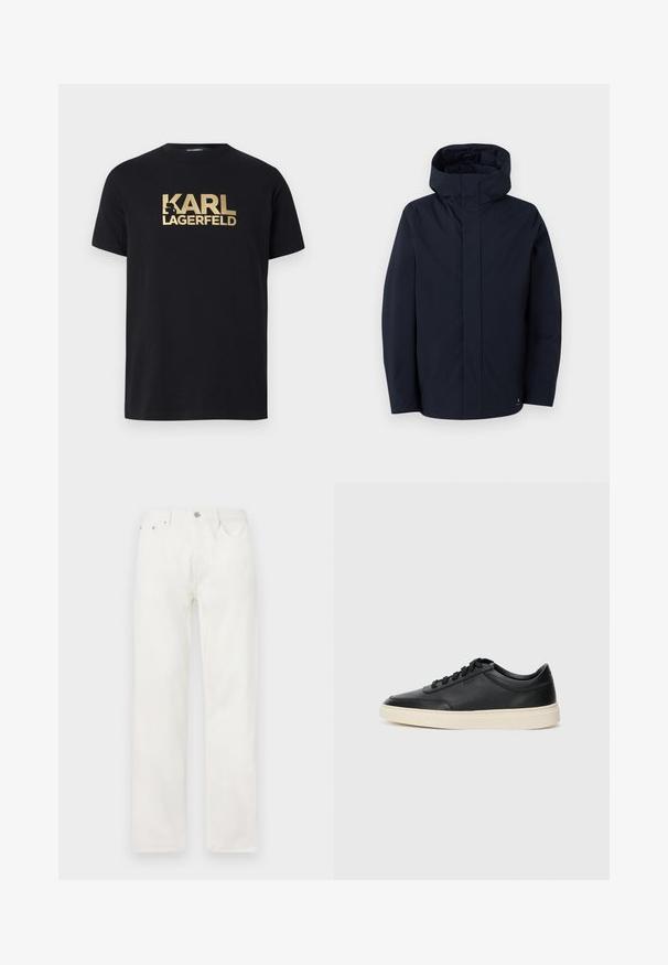 Samsøe Samsøe JOHN JACKET - Regnjakke - salute; Svart bomull T-skjorte med fet gull "KARL LAGERFELD" bokstaver og minimalistisk design. Korte ermer og rund hals.; Hvite denimjeans med rette ben, knapp- og glidelås-lukking, fem-lommers design og uten synlige mønstre eller detaljer.; Svarte lavtopp lær sneakers med svarte snører og off-white såle vist i sidesyn på hvit bakgrunn.