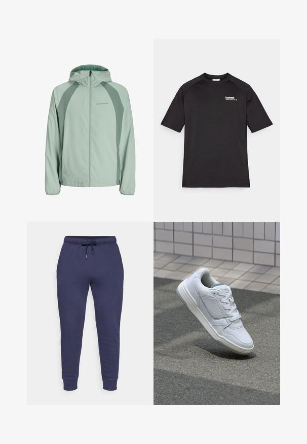 Ljusgrön jacka med huva, med dragkedja fram, raglanärmar och kontrasterande mörkgrön paneler på sidorna. Lättviktig tyg.; Svart kortärmad t-shirt i mjukt tyg, med en vit 'hummel'-logotyp på vänster bröst och raglanärmar.; Marinblå träningsoverallsbyxor med dragsko i midjan, avsmalnande ben och ribbade mudd. Mjuk tyg med minimala sömdetaljer.; Vit lädersneaker med perforerade sidor, texturerade accenter, plana snören och en kontrasterande grå häl. Har en något upphöjd sula.