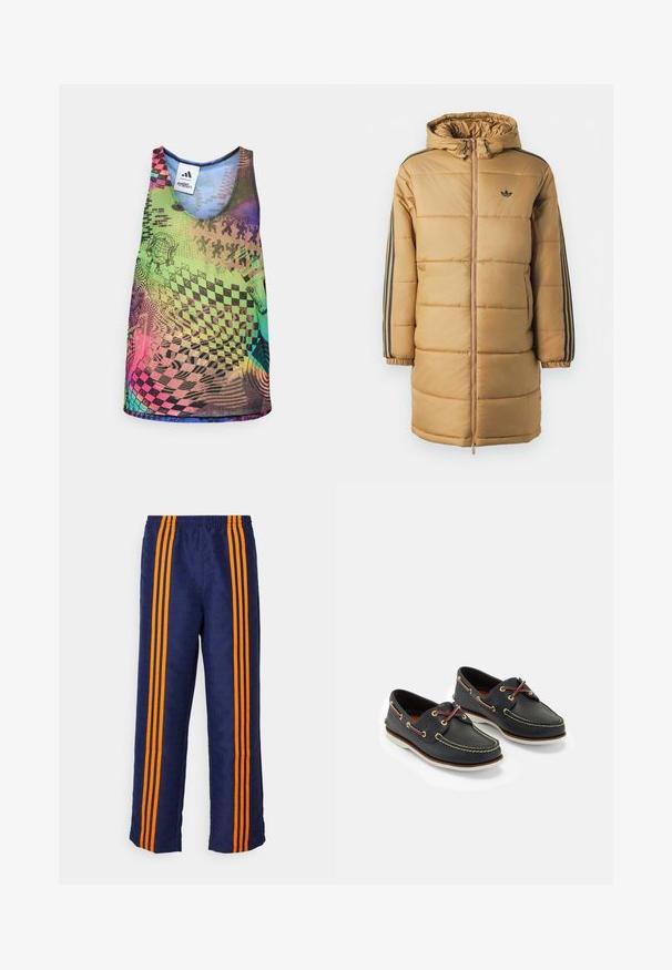 Vaatteena pitkä, tummanruskea takki, jossa on huppu, mustat raidat hihoissa, vetoketjusuljenta ja huomaamaton logo rinnassa.; Tank top monivärinen, joka esittelee eläviä geometrisia kuvioita, mukaan lukien ruutukuviot ja pyörteet, vihreän, vaaleanpunaisen, sinisen ja purppuran sävyissä.; Siniset verkkarit, joissa on koko pinnan malli ja oranssit raidat sivuilla. Miellyttävä joustava vyötärö ja väljä istuvuus.; Laivastonsiniset nahkakengät keltaisella ompelulla, punaisilla nauhoilla ja hopeisilla metallirei'illä; pyöreä kärki; valkoinen kumipohja.