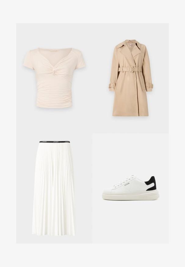 Beige trenchcoat laget av glatt stoff, med belted midje, brede krager og knappeermer. Den har to frontlommer.; Lys beige kortermet topp med V-hals og vridd detalj foran, med samlet tekstur langs sidene for en tettsittende design.; Plissert hvit skjørt med en svart elastisk midje som har "LACOSTE"-logoen. Midjelengde design med myk tekstur.; Hvite lær sneakers med tykk hvit såle, svart semsket hælforsterkning og preget logo på siden. Snøresystem med seks hull.