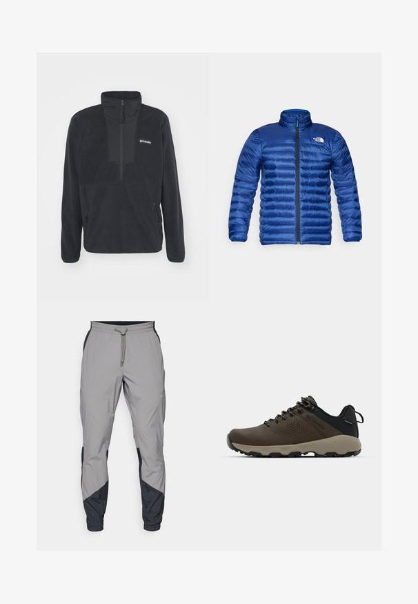 Blauer gepolsterter Mantel mit Stehkragen, durchgehendem Reißverschluss und horizontalem Steppdesign. Mit Logo auf der linken oberen Brust.; Schwarzer Fleece-Pullover mit einem halben Reißverschlusskragen, zwei seitlichen Reißverschlusstaschen und einem Logo auf der Brust. Verfügt über eine glatte Textur und körpernahe Ärmel.; Leichte, graue Sporthosen mit schwarzen Akzenten. Elastischer Bund, Kordelzugverschluss, taillierte Beinform und Seitentaschen.; Braune wasserdichte Sneakers mit einer strukturierten Oberseite, perforierten Akzenten, schwarzem Fersenschutz und einer grauen Gummisohle. Die Schnürsenkel sind mit metallischen Enden gestaltet.