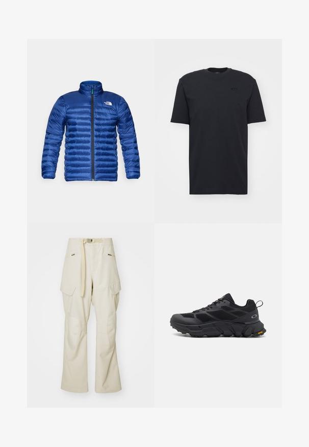 Jachetă căptușită de culoare albastră, cu guler în picioare, fermoar pe întreaga lungime a frontului și design cu quiltare orizontală. Prezintă logo pe partea superioară stângă a pieptului.; Tricou scurt din bumbac negru, cu manșon scurt și guler rotund, prezentând un accent discret al logo-ului pe piept și o croială lejeră.; Pantaloni cargo bej cu picior larg, talie cu curea, două buzunare laterale și petice la genunchi. Textură netedă cu detalii de cusătură întărită.; Pantofi sport negri cu talpă groasă, upper din plasă și material sintetic, accente texturate și marcaj Vibram pe talpa exterioară.