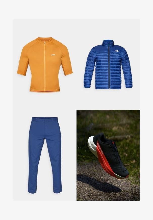 Padded modra jakna z stojnim ovratnikom, polnim sprednjim zadrgo in vodoravnim prešitjem. Ima logo na zgornjem levem prsnem delu.; POC THERMAL LITE - Kolesarski triko - bauxite brown; Modre hlače iz gladkega materiala, s krojem ravne linije, dvema stranskima žepoma in zankami za pas. Brez vidnih vzorcev ali kovinskih detajlov.; Črne tekaške čevlje z rdečimi poudarki, lahka mrežasta zgornji del, strukturirana bela podplat in sistem vezalk. Zasnovani za zmogljivost in udobje.