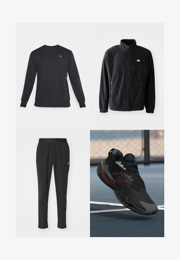 Czarna polarowa kurtka z zamkiem z przodu, wysokim kołnierzem, dwiema bocznymi kieszeniami i elastycznymi mankietami. Logo New Balance w białym kolorze na górnej lewej stronie.; Czarna bluza z okrągłym dekoltem, wykonana z miękkiego materiału, z długimi rękawami i ściągaczami przy mankietach. Małe logo w białym kolorze na klatce piersiowej.; Czarne sportowe spodnie wykonane z lekkiego materiału, z elastycznym pasem, zwężającym się krojem i subtelnym logo po boku.; Czarny but sportowy z teksturowaną cholewką, czerwonymi akcentami i gumową podeszwą. Posiada niski profil i wzmocniony czubek.