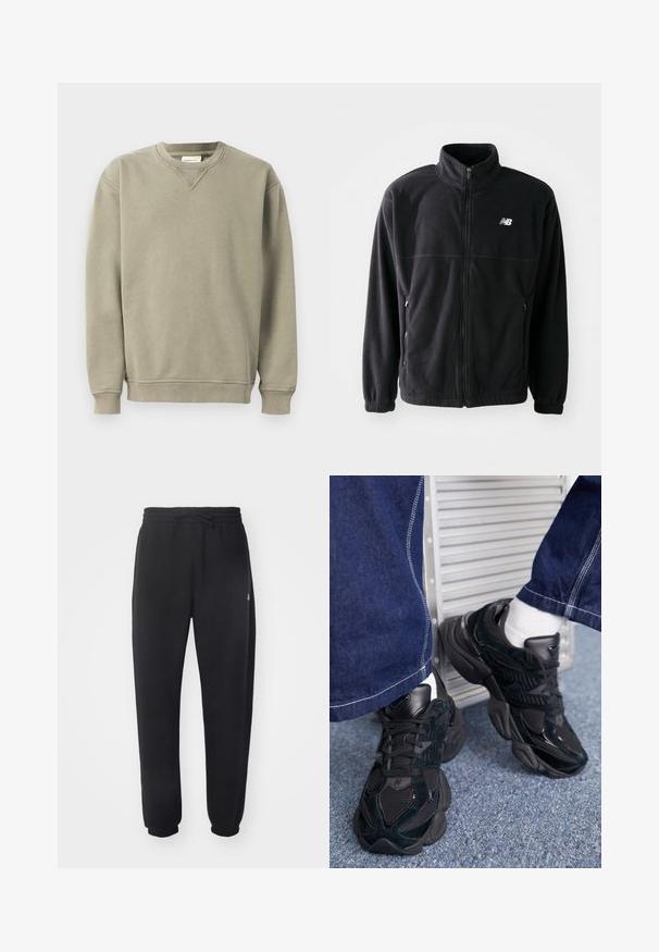 Sort fleecejakke med lynlås foran, høj krave, to sidelommer og elastiske manchetter. New Balance-logo i hvidt på den øverste venstre side.; Kaki sweatshirt lavet af blød bomuldsblanding, med rund halsudskæring, ribbede manchetter og en afslappet pasform med diskrete syninger.; Sorte sweatpants lavet af blødt materiale med elastisk talje, snore og indsnævrede manchetter, med et diskret logo på siden.; Sorte sneakers med en kombination af strukturerede og glatte materialer, iøjnefaldende snøring og en kraftig sål, parret med mørke denimbukser.