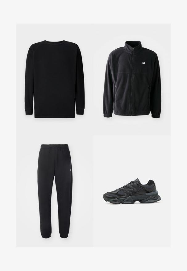 Casaco de fleece preto com fecho frontal, gola alta, dois bolsos laterais e punhos elásticos. Logotipo da New Balance em branco no lado superior esquerdo.; Camisa preta de manga longa com um design texturizado em malha tipo waffle. Apresenta um decote redondo e punhos canelados. Sem logótipos ou padrões visíveis.; Calças de treino pretas feitas de material suave, com cintura elástica, cordão e punhos ajustados, apresentando um logótipo discreto na lateral.; Sapato de corrida preto com uma combinação de malha e materiais sintéticos, sola robusta, design curvado e uma marca de destaque na lateral.