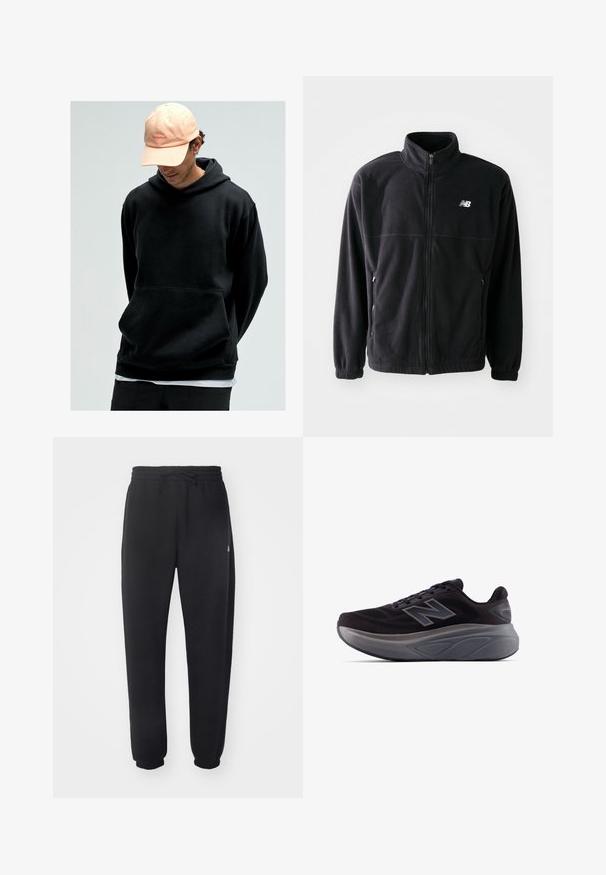 Čierna fleecová bunda so zipsom vpredu, vysokým golierom, s dvoma bočnými vreckami a elastickými rukávmi. Logo New Balance v bielej farbe na hornej ľavej strane.; Čierna mikina s kapucňou a klokankou, vyrobená z mäkkej látky. V kombinácii so svetloružovou šiltovkou s logom.; Čierne tepláky vyrobené z mäkkého materiálu s elastickým pásom, šnúrkou na stiahnutie a zúženými manžetami, s jemným logom na boku.; Čierna športová obuv s textúrovaným zvrškom, vystuženou pätou a hrubou šedou podrážkou. Obsahuje výrazné logo "N".