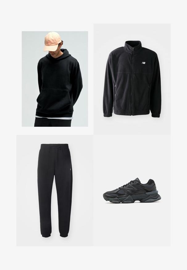 Fekete bolyhos dzseki cipzárral elöl, magas gallérral, két oldalsó zsebbel és rugalmas mandzsettákkal. A New Balance logó fehér színben az alsó bal oldalon.; Fekete kapucnis pulóver, kenguruzsebbel, puha anyagból készült. Világos rózsaszín baseball sapkával párosítva, logóval díszítve.; Fekete melegítő nadrág puha anyagból, rugalmas derékrésszel, zsinórral és szűkítő mandzsettákkal, oldalon diszkrét logóval.; Fekete futócipő, mely háló és szintetikus anyagok keverékéből készült, vastag talppal, ívelt kialakítással és hangsúlyos logóval az oldalon.