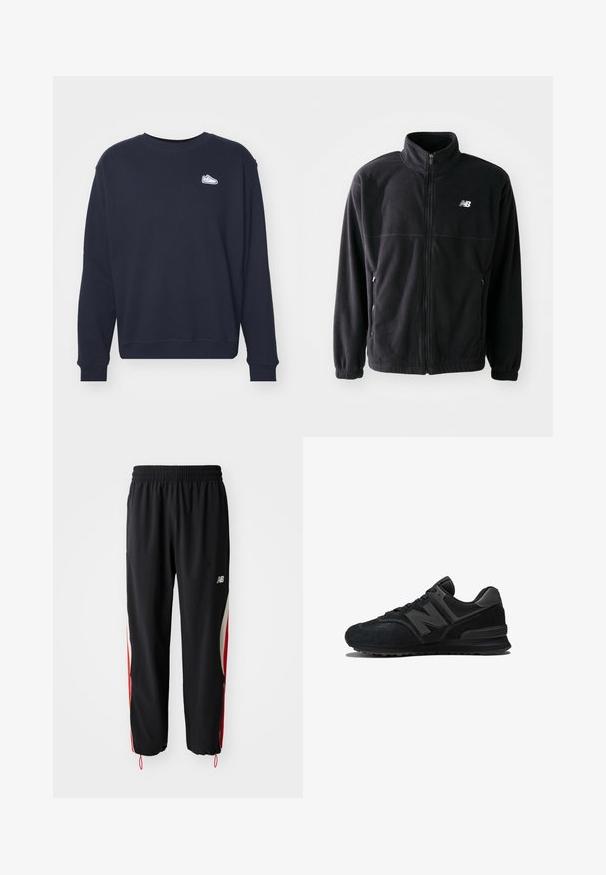Svart fleecejacka med dragkedja fram, hög krage, två sidofickor och elastiska ärmslut. New Balance-logotyp i vitt på övre vänstra sidan.; Mörkblå sweatshirt i bomull med rund halsringning och långa ärmar. Anmärkningsvärt detalj: liten vit skologo på bröstet.; New Balance IN GAME TRACK PANT - Träningsbyxor - black; Svart sneaker med ovandel i mocka och mesh, tjock sula och framträdande 'N'-logotyp på sidan. Texturerad design med snörning.