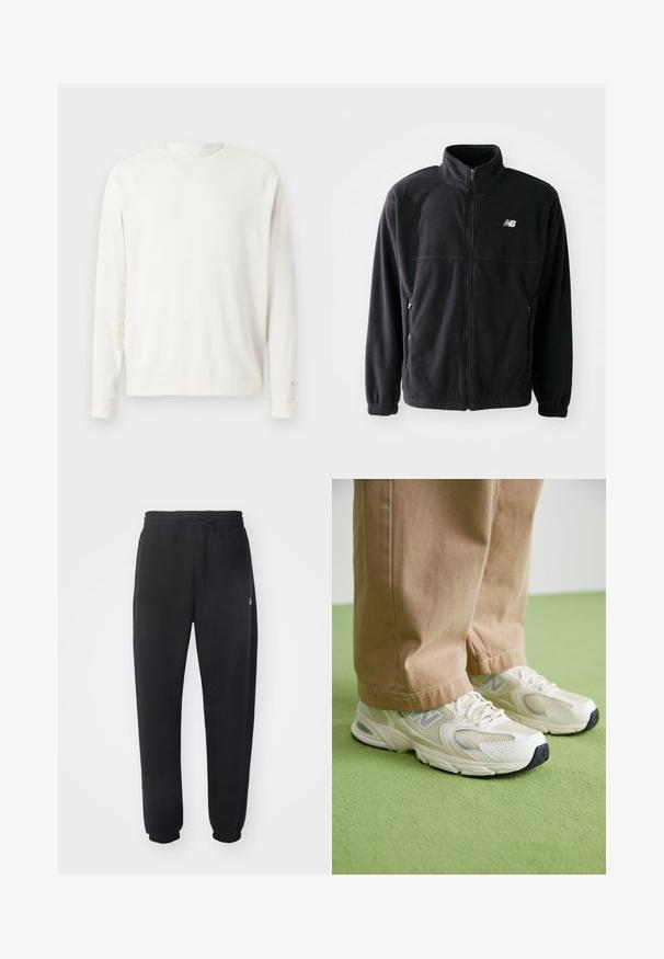 Casaco de fleece preto com fecho frontal, gola alta, dois bolsos laterais e punhos elásticos. Logotipo da New Balance em branco no lado superior esquerdo.; Sweatshirt branco de manga longa com textura canelada, decote redondo e mangas com punho. Apresenta um corte descontraído e detalhes de costura sutis.; Calças de treino pretas feitas de material suave, com cintura elástica, cordão e punhos ajustados, apresentando um logótipo discreto na lateral.; Sapatilhas em malha e sintéticas bege com uma sola branca, apresentando atacadores e um detalhe de logotipo em cinza, contra um fundo verde.