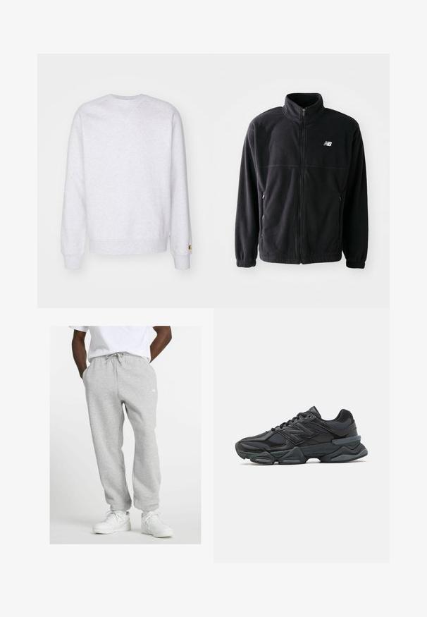 Černá fleecová bunda se zipem vpředu, vysokým límcem, dvěma bočními kapsami a elastickými manžetami. Logo New Balance v bílé barvě na horní levé straně.; Svetle šedá mikina s kruhovým výstřihem, dlouhými rukávy, žebrovanými manžetami a malou nášivkou poblíž spodního lemu. Vyrobena z měkké látky.; Muž v světlých šedých teplákách s šňůrkou a bílých teniskách, stojící s rukama v kapsách na bílém pozadí.; Černá běžecká bota s kombinací síťoviny a syntetických materiálů, masivní podešev, zakřivený design a výrazné logo na boku.