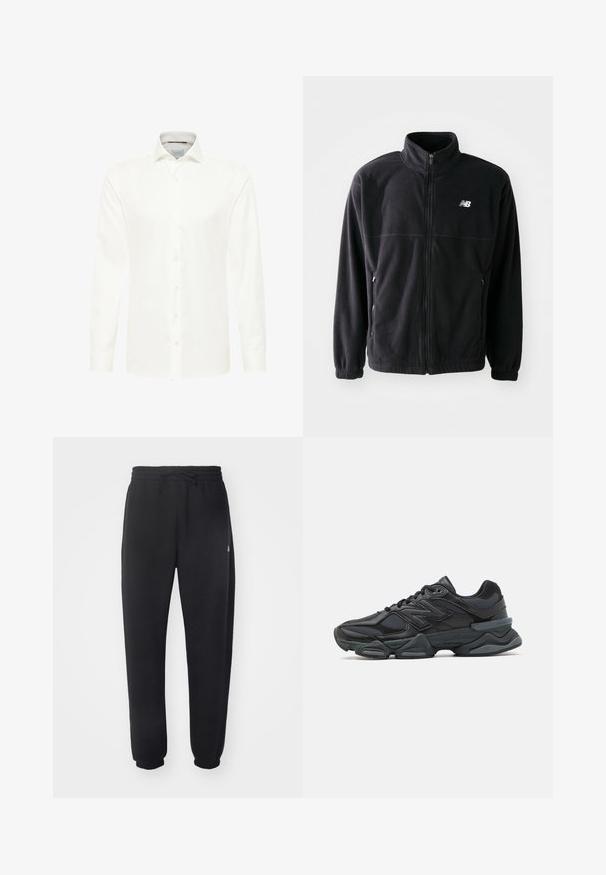 Zwarte fleecejack met een ritssluiting aan de voorkant, hoge kraag, twee zijzakken en elastische manchetten. New Balance-logo in het wit op de bovenste linkerzijde.; Witte lange mouw shirt van gladde stof, met een knoopsluiting aan de voorkant, een puntige kraag en standaard manchetten. Klassiek ontwerp.; Zwarte joggingbroek van zacht materiaal met een elastische tailleband, trekkoord en taps toelopende manchetten, met een subtiele logo aan de zijkant.; Zwarte hardloopschoen met een mix van mesh en synthetische materialen, een stevige zool, gebogen ontwerp en prominente branding op de zijkant.
