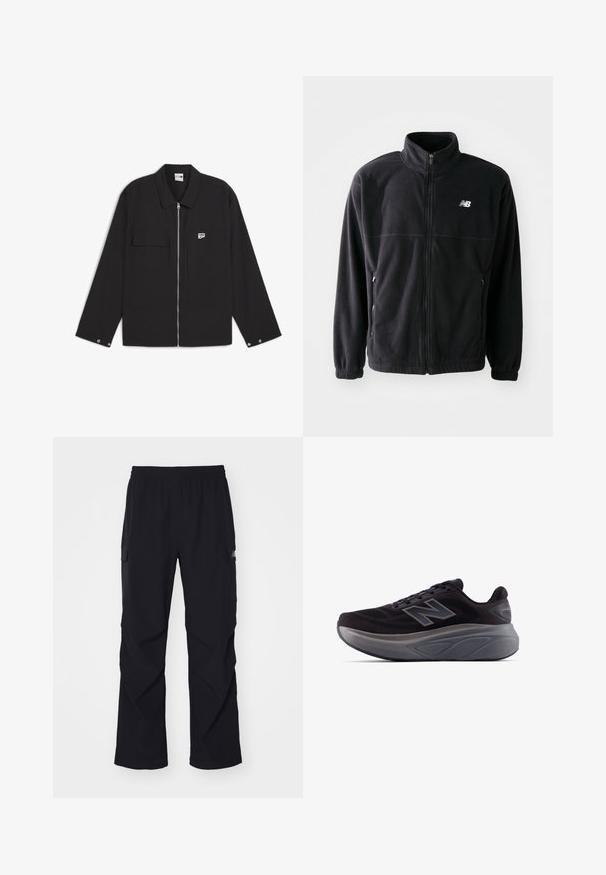 Zwarte fleecejack met een ritssluiting aan de voorkant, hoge kraag, twee zijzakken en elastische manchetten. New Balance-logo in het wit op de bovenste linkerzijde.; Zwarte zip-up jack met een puntkraag, twee voorzakken en een klein logo label op de borst. De stof heeft een soepele textuur.; Zwarte cargo broek van lichtgewicht materiaal, met een elastische tailleband, zijzakken en een recht gesneden ontwerp.; Zwarte sportieve schoen met een gestructureerde bovenkant, versterkte hak en een dikke grijze zool. Heeft een opvallend "N"-logo.