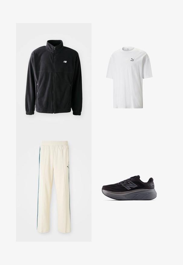 Black fleece jacket with a zip front, high collar, two side pockets, and elastic cuffs. New Balance logo in white on the upper left side.; White cotton T-shirt with a round neckline and short sleeves. Features a small black Puma logo on the left chest. Smooth texture, casual fit.; Cream-colored tracksuit pants with a textured finish, featuring dark green side stripes and an elastic waistband. Iconic logo on the hip.; Black athletic shoe with a textured upper, reinforced heel, and a thick gray sole. Features a prominent "N" logo.