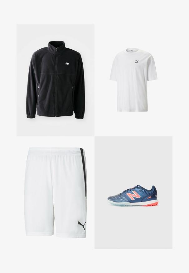 Melnās vilnas jakas ar rāvējslēdzēju priekšpusē, augstu apkakli, divām sānu kabatām un elastīgām piedurknēm. Jaunā Balansa logs baltā krāsā augšējā kreisajā pusē.; Balta kokvilnas T-krekls ar apaļu kakla izgriezumu un īsām piedurknēm. Uz kreisā krūškurvja ir neliels melns Puma logo. Gluda tekstūra, ikdienišķs piegriezums.; Baltas sporta šorts ar gludu tekstūru, ar melnām sānu svītrām un melnu logo apakšējā labajā stūrī. Elastīgs jostasvieta komfortam.; Zila sintētiska futbola čības ar teksturētu virsmu, kurām ir liels balts un rozā "N" logo, gumijas zole un gaiši zilas akcenti.