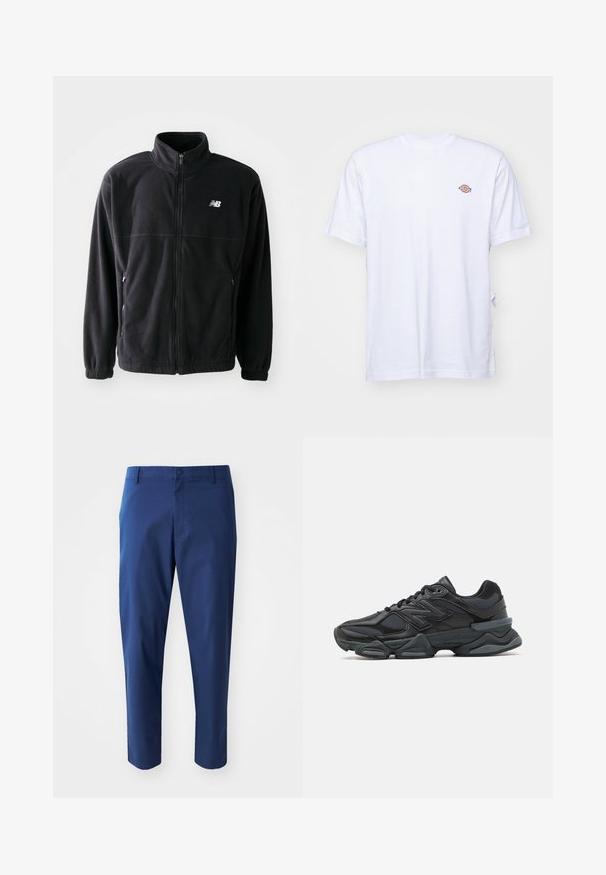 Black fleece jacket with a zip front, high collar, two side pockets, and elastic cuffs. New Balance logo in white on the upper left side.; White cotton t-shirt with a v-neck and short sleeves. Features a small colorful embroidered logo on the left chest. Soft texture.; Navy blue chinos with a smooth texture, a buttoned waistband, and side pockets, featuring a tailored fit and cropped length.; Black running shoe featuring a mix of mesh and synthetic materials, chunky sole, curved design, and prominent branding on the side.