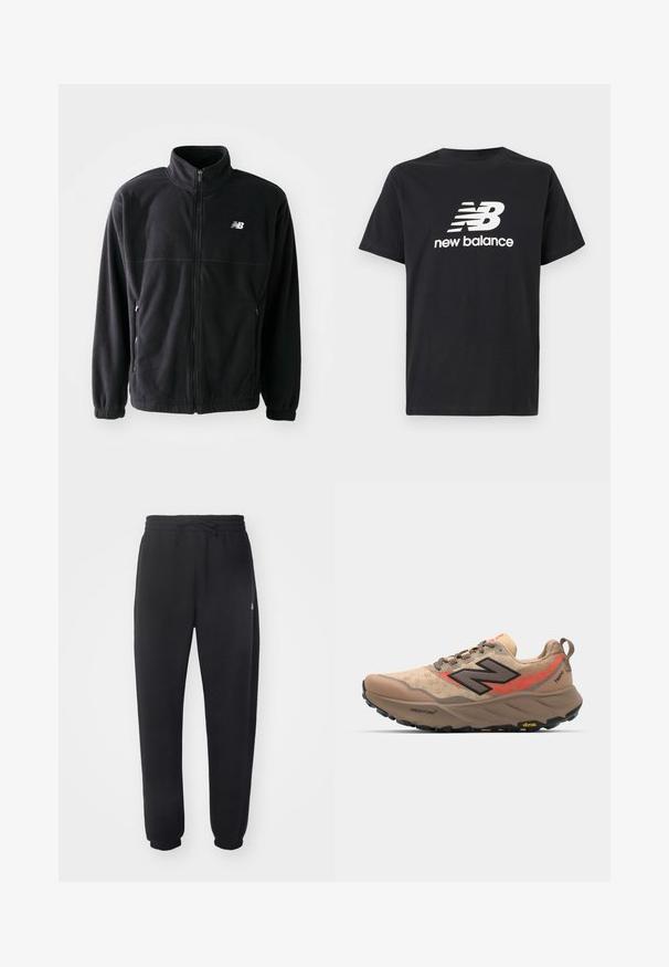 Black fleece jacket with a zip front, high collar, two side pockets, and elastic cuffs. New Balance logo in white on the upper left side.; Black cotton T-shirt featuring a white New Balance logo and graphic design on the front. Short sleeves and a crew neck.; Black sweatpants made of soft material with an elastic waistband, drawstring, and tapered cuffs, featuring a subtle logo on the side.; Beige running shoe with mesh upper, black and red accents, and Vibram sole. Features padded collar and textured surface for grip.