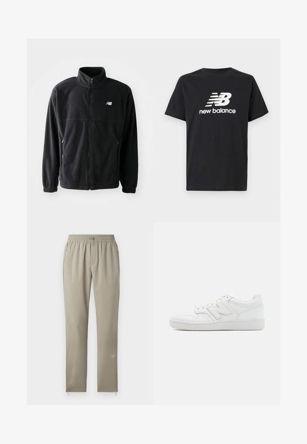 Svart fleece-jakke med glidelås foran, høy krage, to sidelommer og elastiske mansjetter. New Balance-logo i hvitt på øvre venstre side.; Svart bomulls T-skjorte med hvit New Balance-logo og grafisk design på forsiden. Korte ermer og rund hals.; Beige treningbukser med elastisk midje, glidelommere og en tapered leg-design. Har en subtil logo på den nederste delen av benet.; Hvit sneakers laget av glatt lær, med perforert tå, en teksturert gummisåle, flate lisser og en fremtredende 'N' logo på siden.